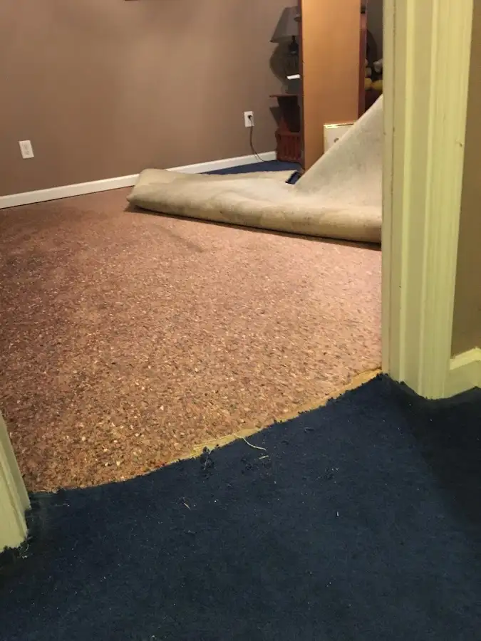 Carpet pad removal revealing water damage during Water Mitigation Services in Kennebunk
